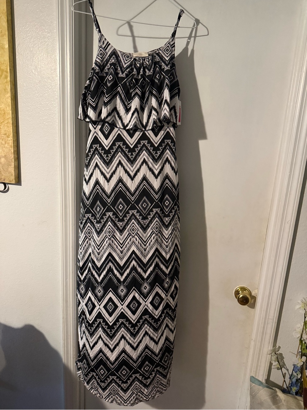 NEW Bobbie Brooks Black and White Zigzag Maxi Dress with Flounce Bodice